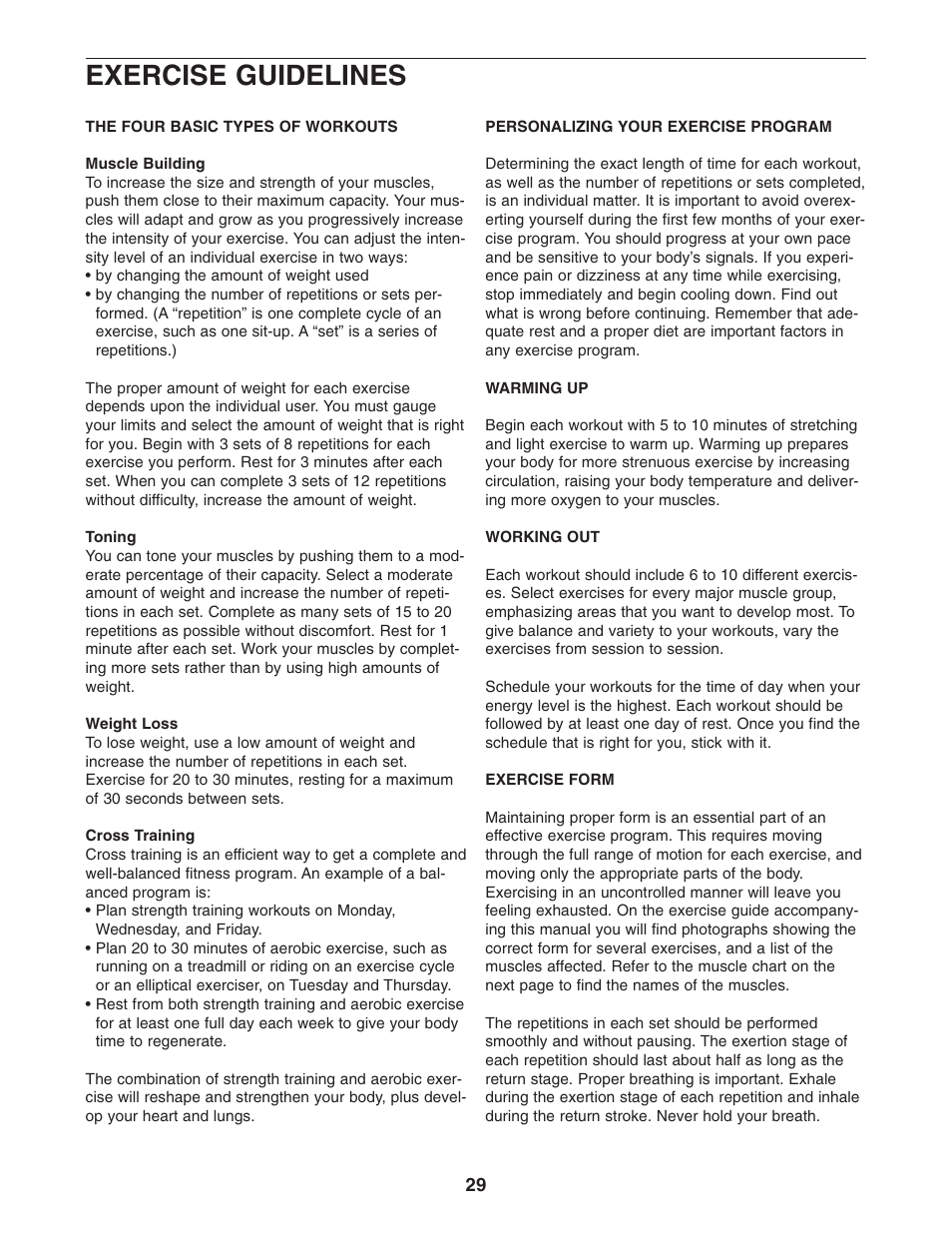 Exercise guidelines | Weider WEBE4496.0 User Manual | Page 29 / 36