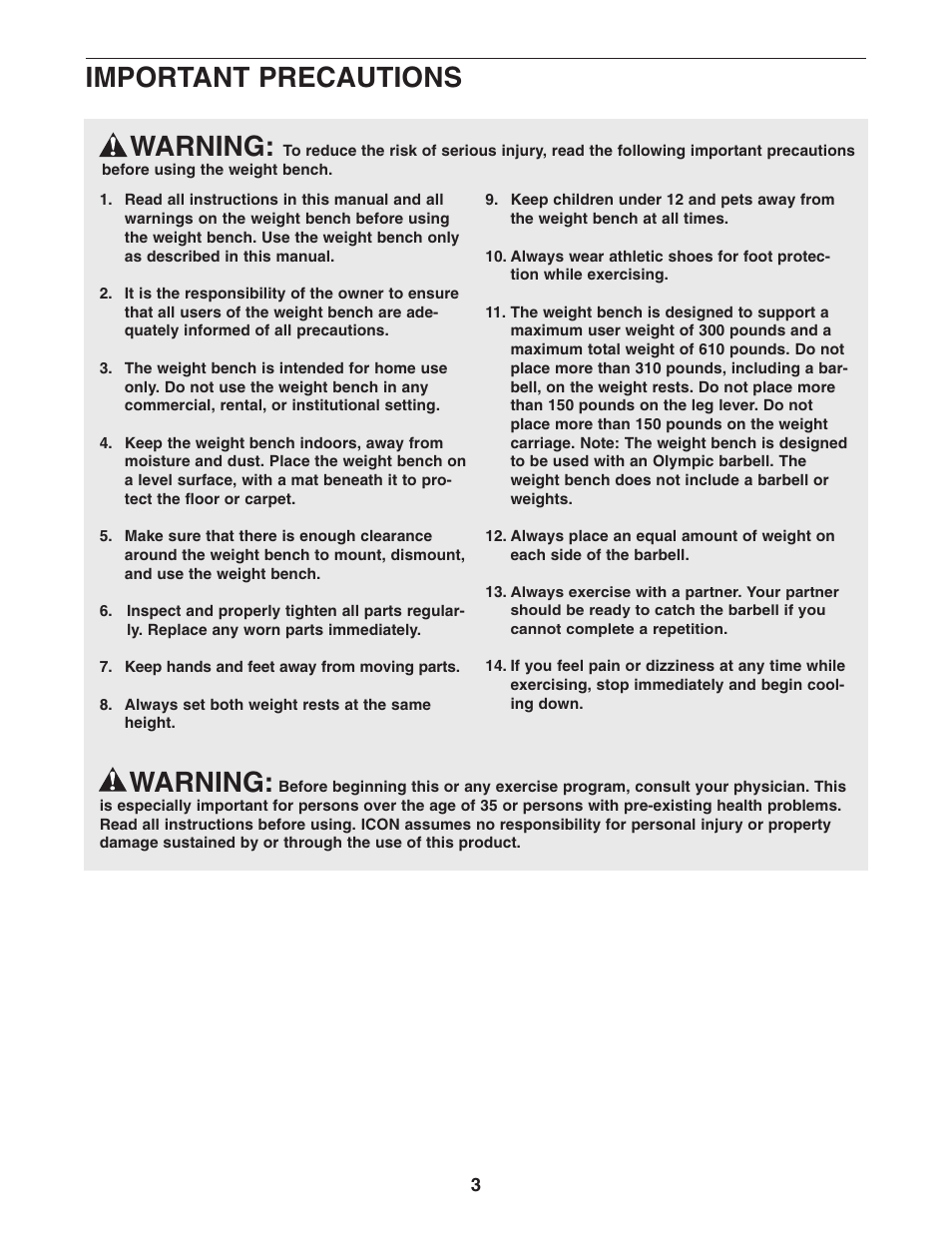 Warning, Important precautions | Weider WEBE4496.0 User Manual | Page 3 / 36