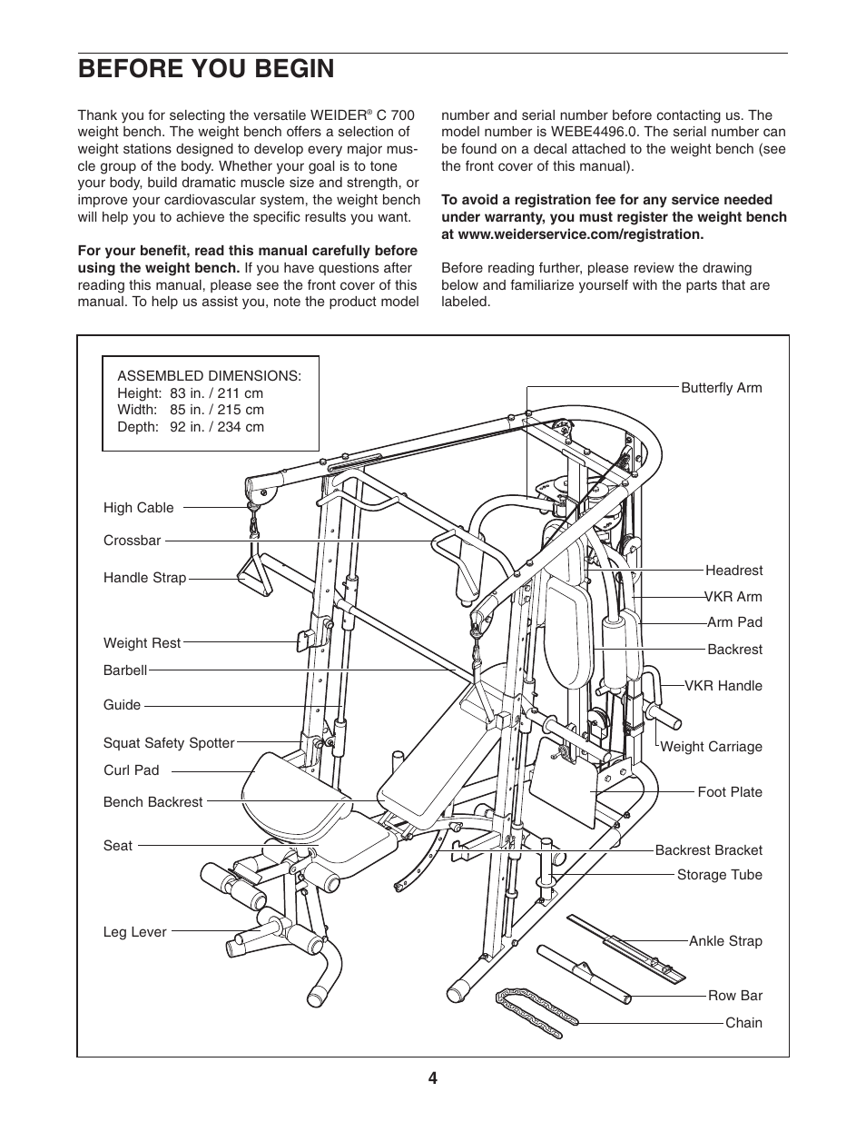 Before you begin | Weider WEBE4496.0 User Manual | Page 4 / 36