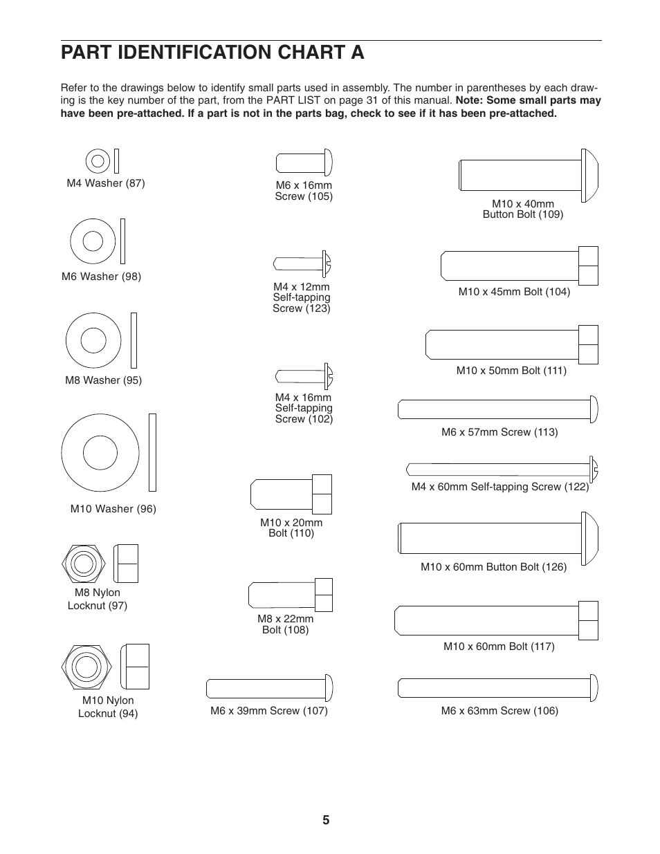 Part identification chart a | Weider WEBE4496.0 User Manual | Page 5 / 36