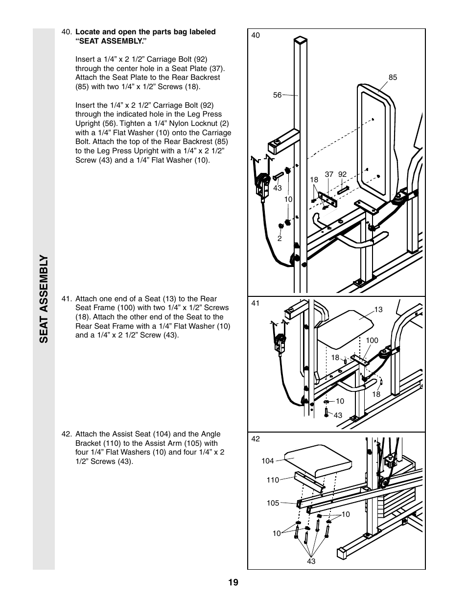 Sea t assembl y | Weider 831.159380 User Manual | Page 19 / 33