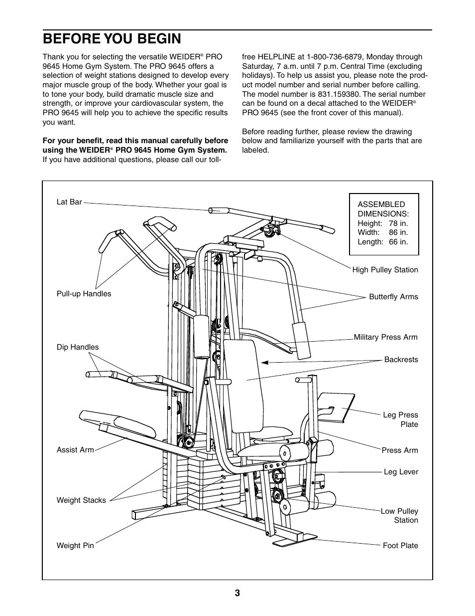 Before you begin | Weider 831.159380 User Manual | Page 3 / 33