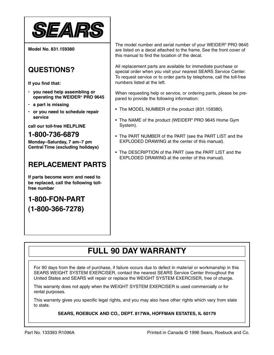 Full 90 day warranty, Questions, Replacement parts | Weider 831.159380 User Manual | Page 33 / 33