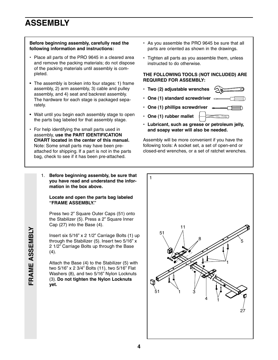 Assembly, Frame assembl y | Weider 831.159380 User Manual | Page 4 / 33