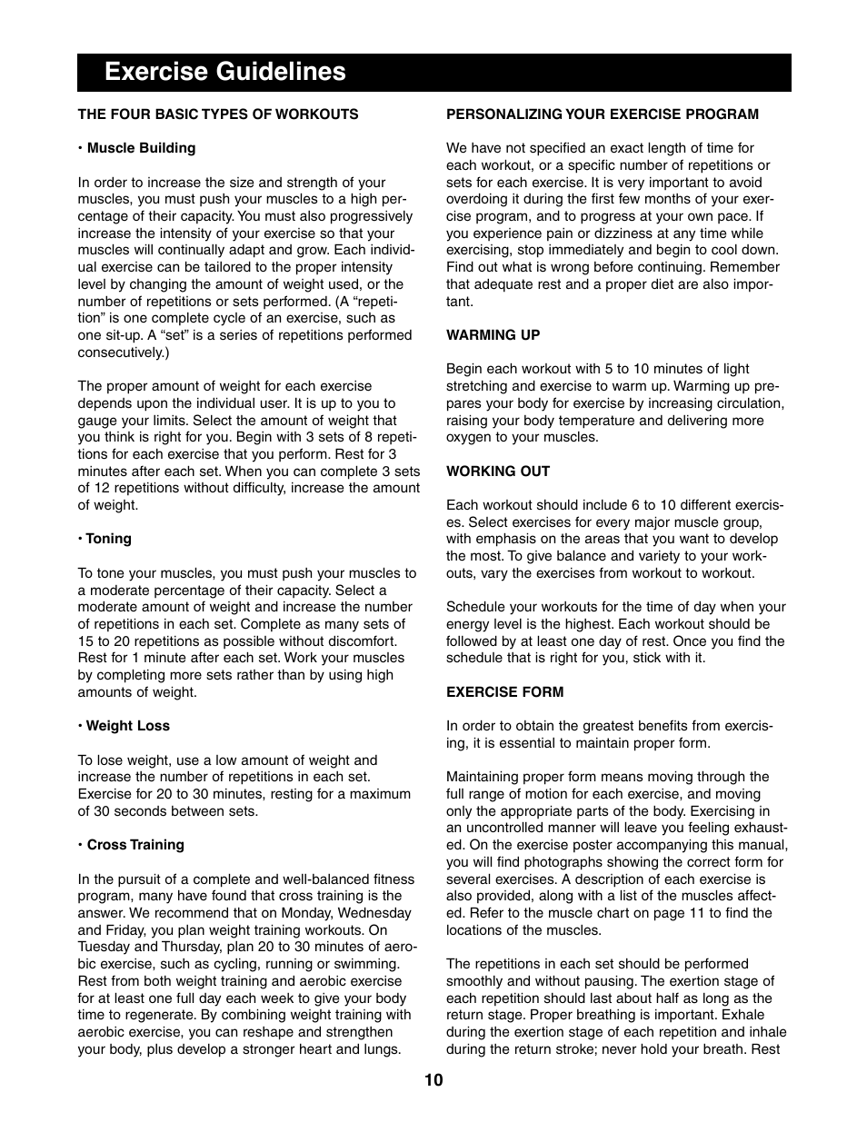 Exercise guidelines | Weider 831.150280 User Manual | Page 10 / 16