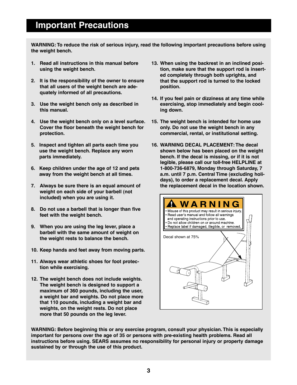 Important precautions | Weider 831.150280 User Manual | Page 3 / 16