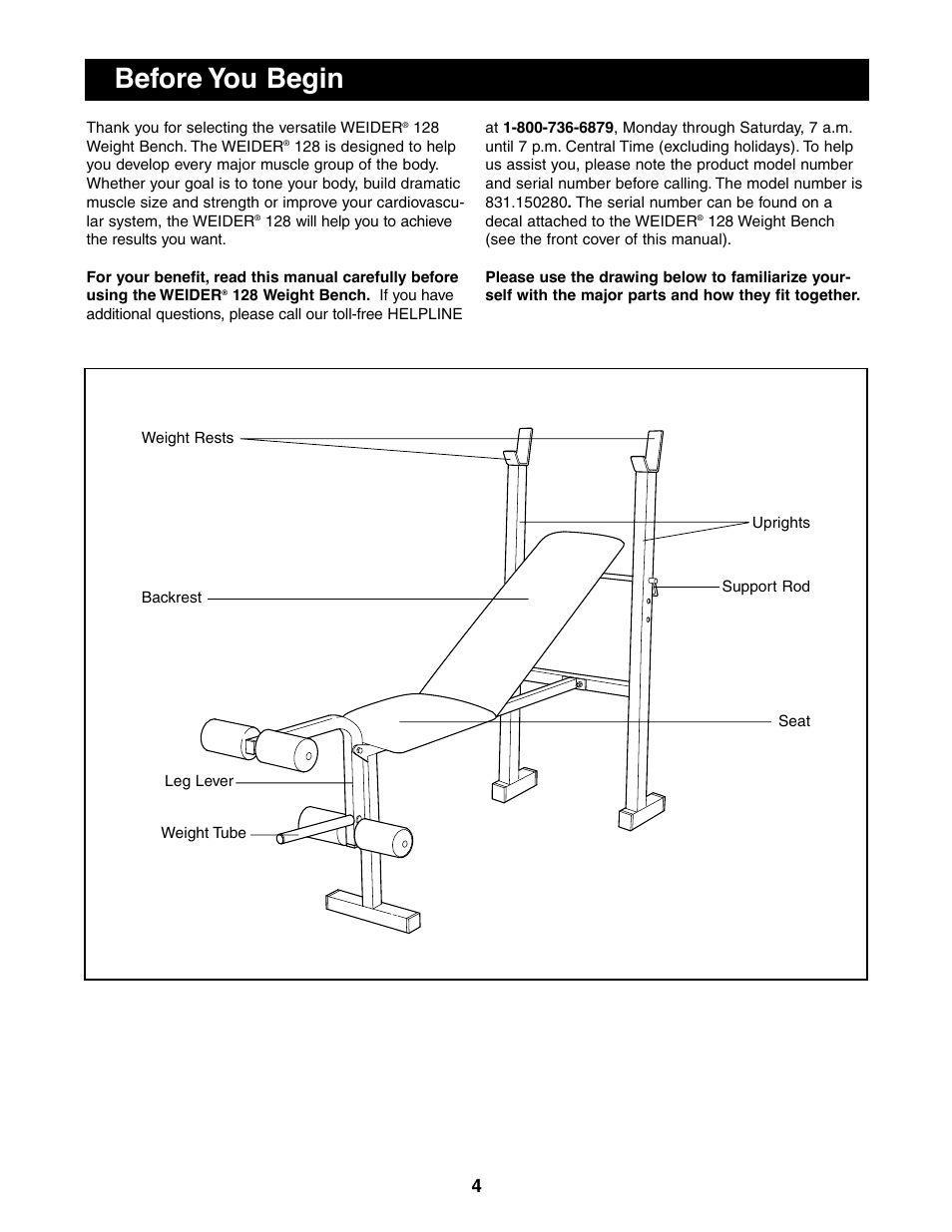 Before you begin | Weider 831.150280 User Manual | Page 4 / 16