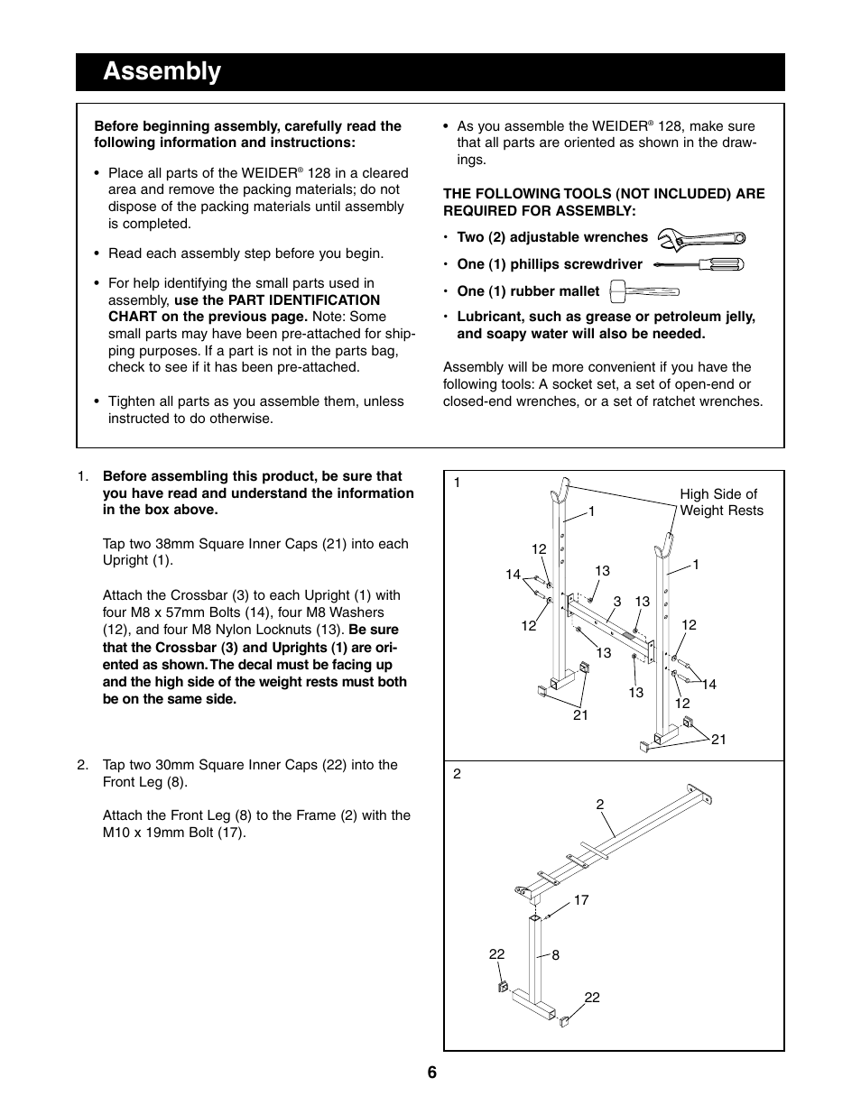 Assembly | Weider 831.150280 User Manual | Page 6 / 16