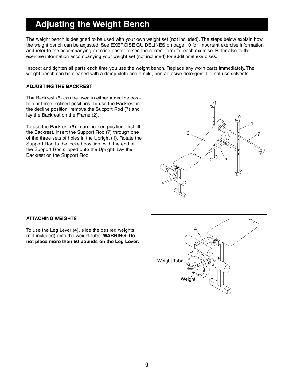 Adjusting the weight bench | Weider 831.150280 User Manual | Page 9 / 16