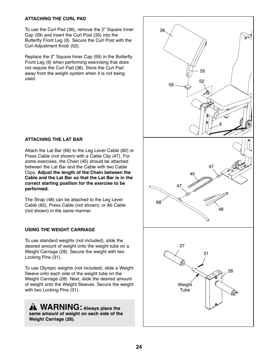 Warning | Weider 831.159530 User Manual | Page 24 / 35