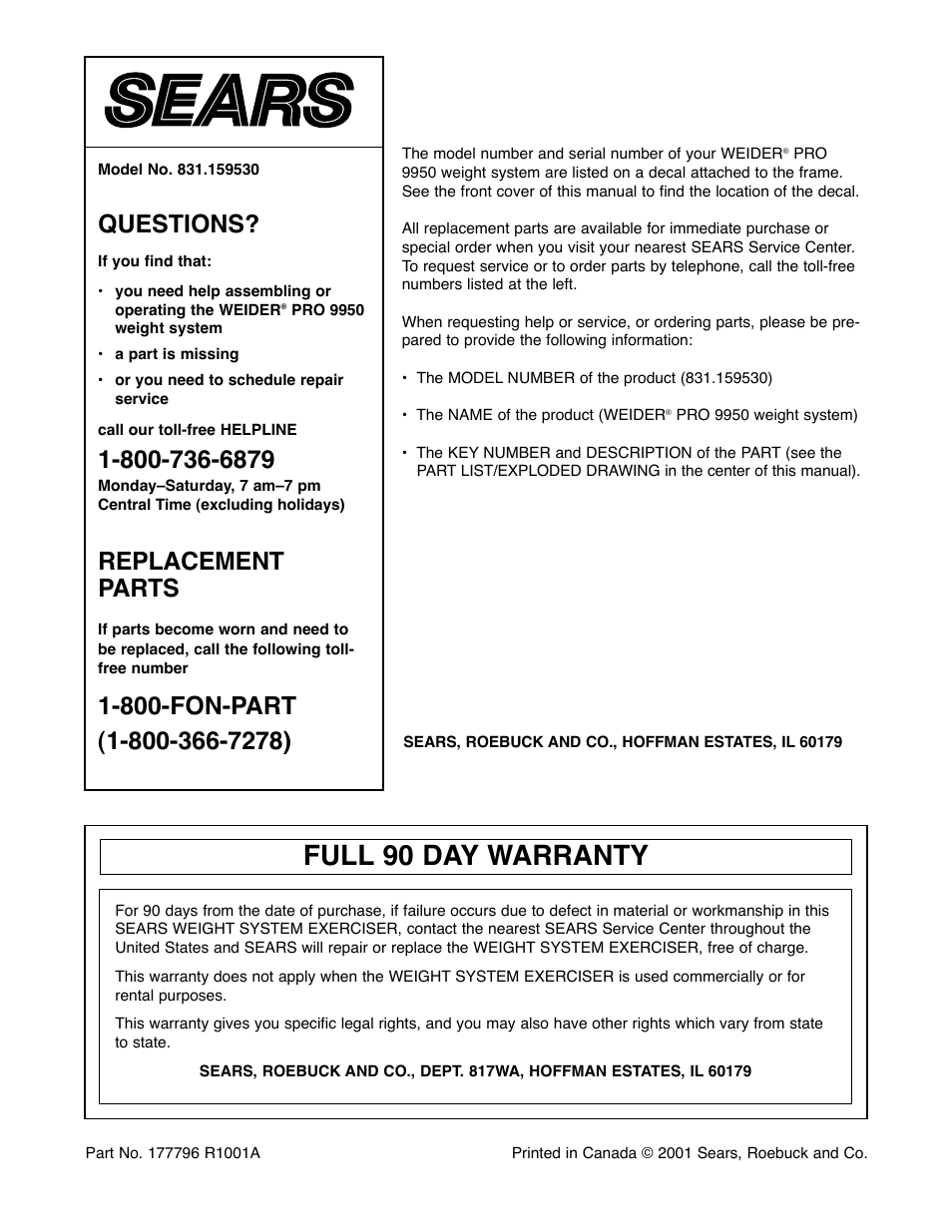 Full 90 day warranty, Questions, Replacement parts | Weider 831.159530 User Manual | Page 28 / 35