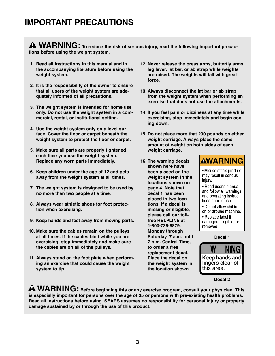 Warning, Important precautions | Weider 831.159530 User Manual | Page 3 / 35