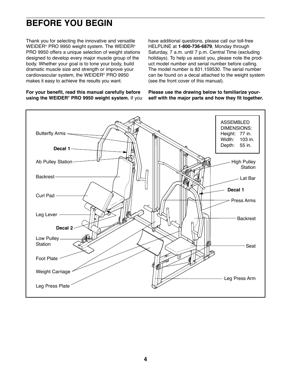 Before you begin | Weider 831.159530 User Manual | Page 4 / 35