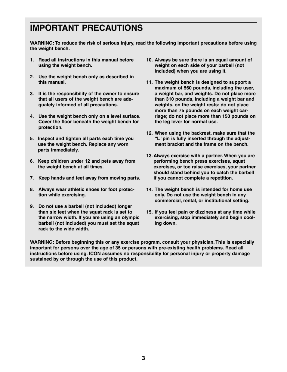 Important precautions | Weider 831.150470 User Manual | Page 3 / 24