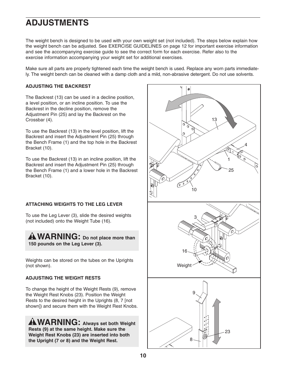 Warning, Adjustments | Weider 831.150302 User Manual | Page 10 / 16