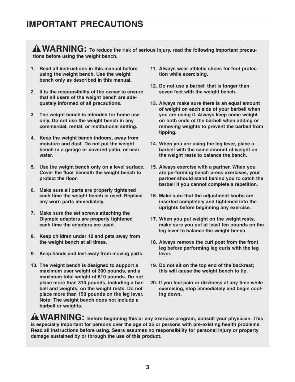 Warning, Important precautions | Weider 831.150302 User Manual | Page 3 / 16