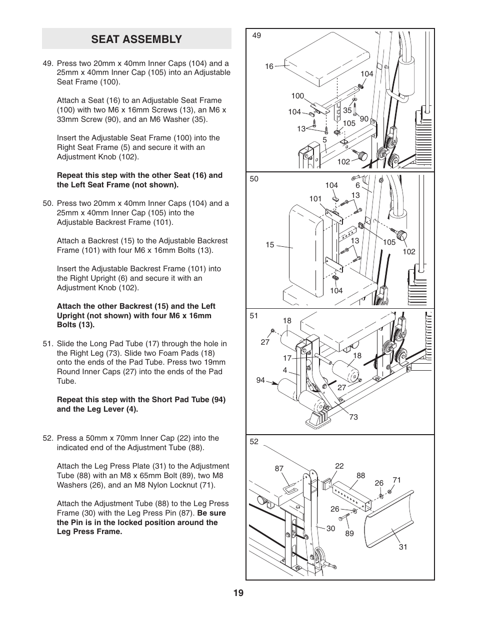 Seat assembly | Weider WESY29521 User Manual | Page 19 / 32