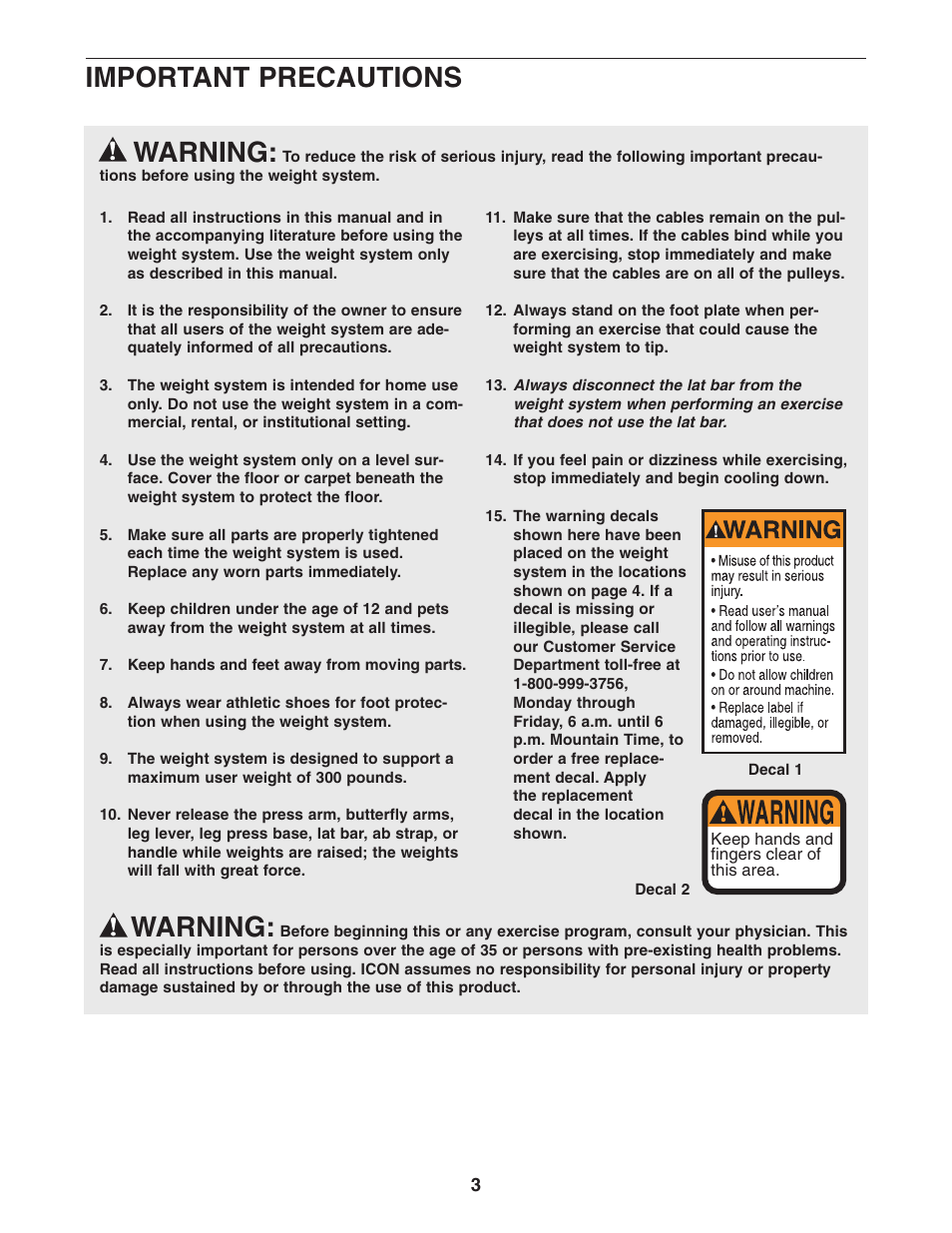 Warning, Important precautions | Weider WESY29521 User Manual | Page 3 / 32