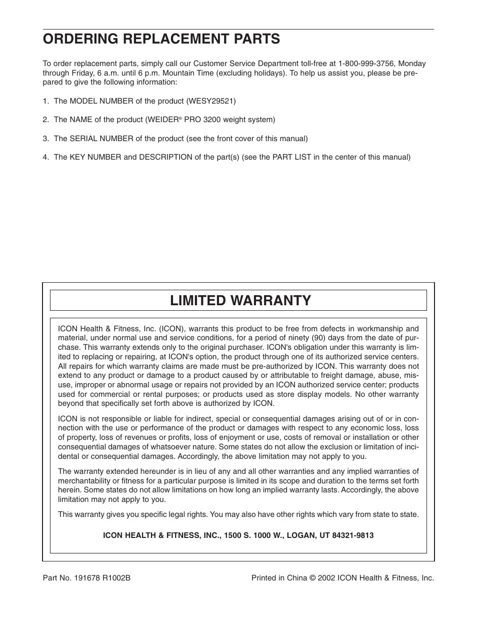 Ordering replacement parts, Limited warranty | Weider WESY29521 User Manual | Page 32 / 32