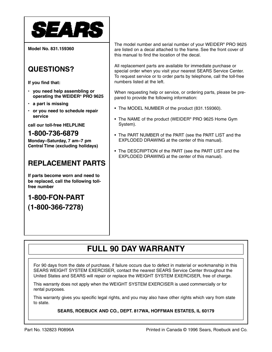 Full 90 day warranty, Questions, Replacement parts | Weider 831.159360 User Manual | Page 29 / 29