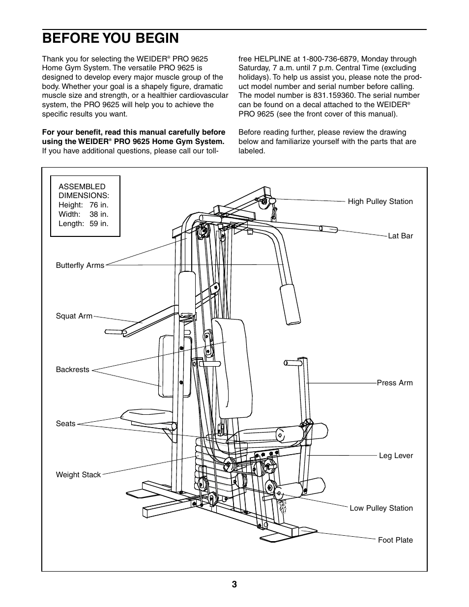 Before you begin | Weider 831.159360 User Manual | Page 3 / 29