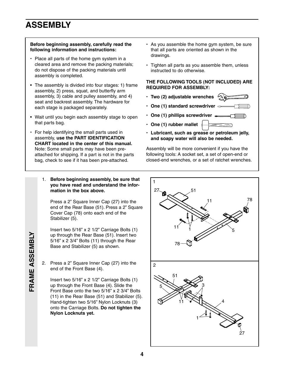 Assembly, Frame assembl y | Weider 831.159360 User Manual | Page 4 / 29