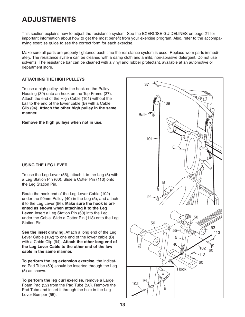 Adjustments | Weider WESY78732 User Manual | Page 13 / 27