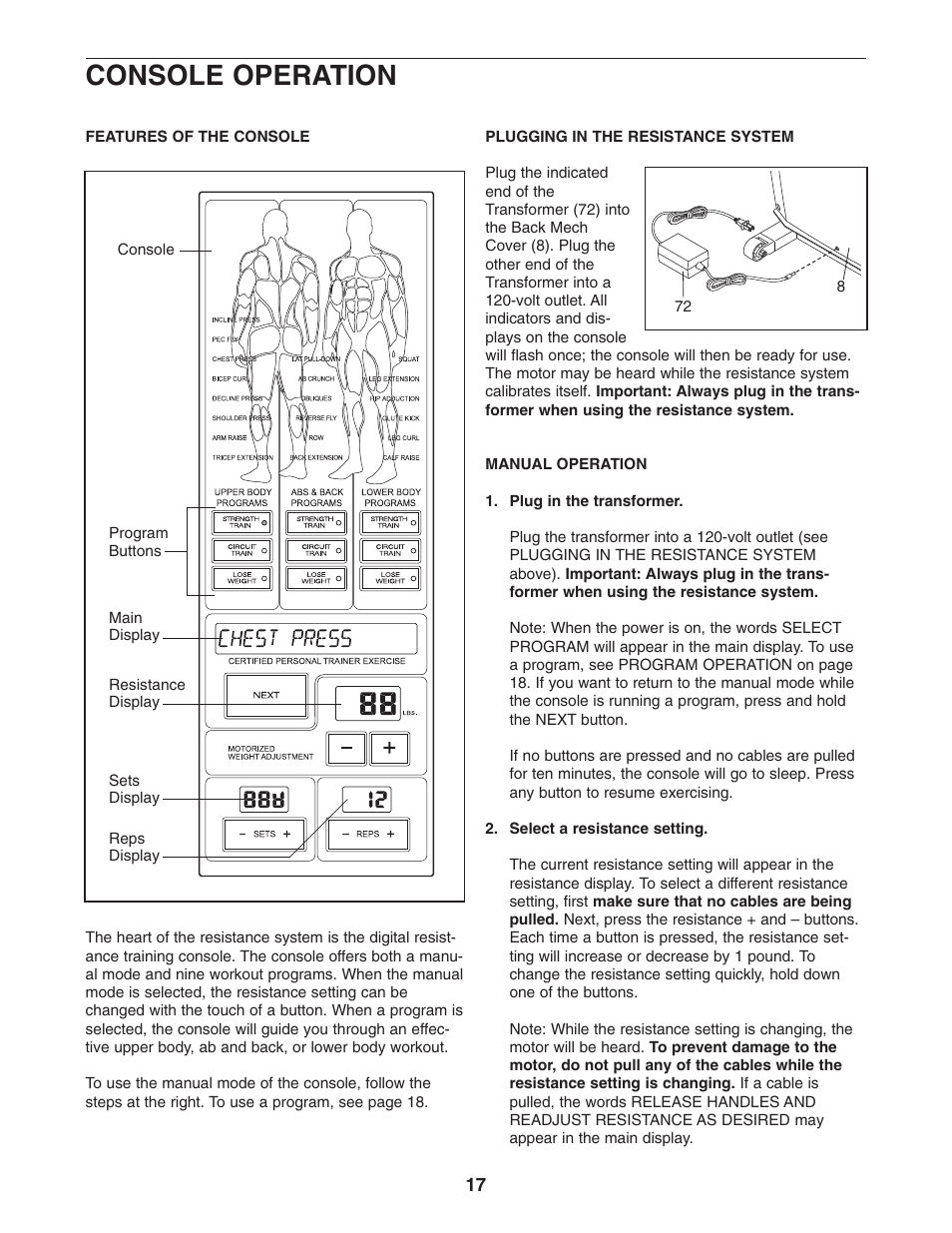 Console operation | Weider WESY78732 User Manual | Page 17 / 27