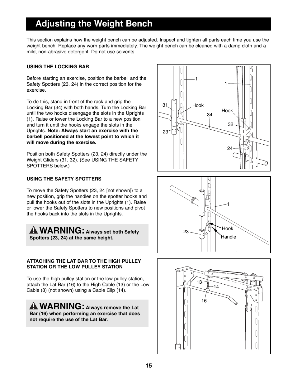 Adjusting the weight bench, Warning | Weider WEBE29300 User Manual | Page 15 / 23