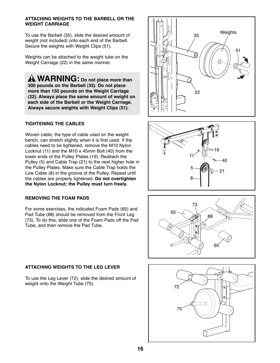 Warning | Weider WEBE29300 User Manual | Page 16 / 23