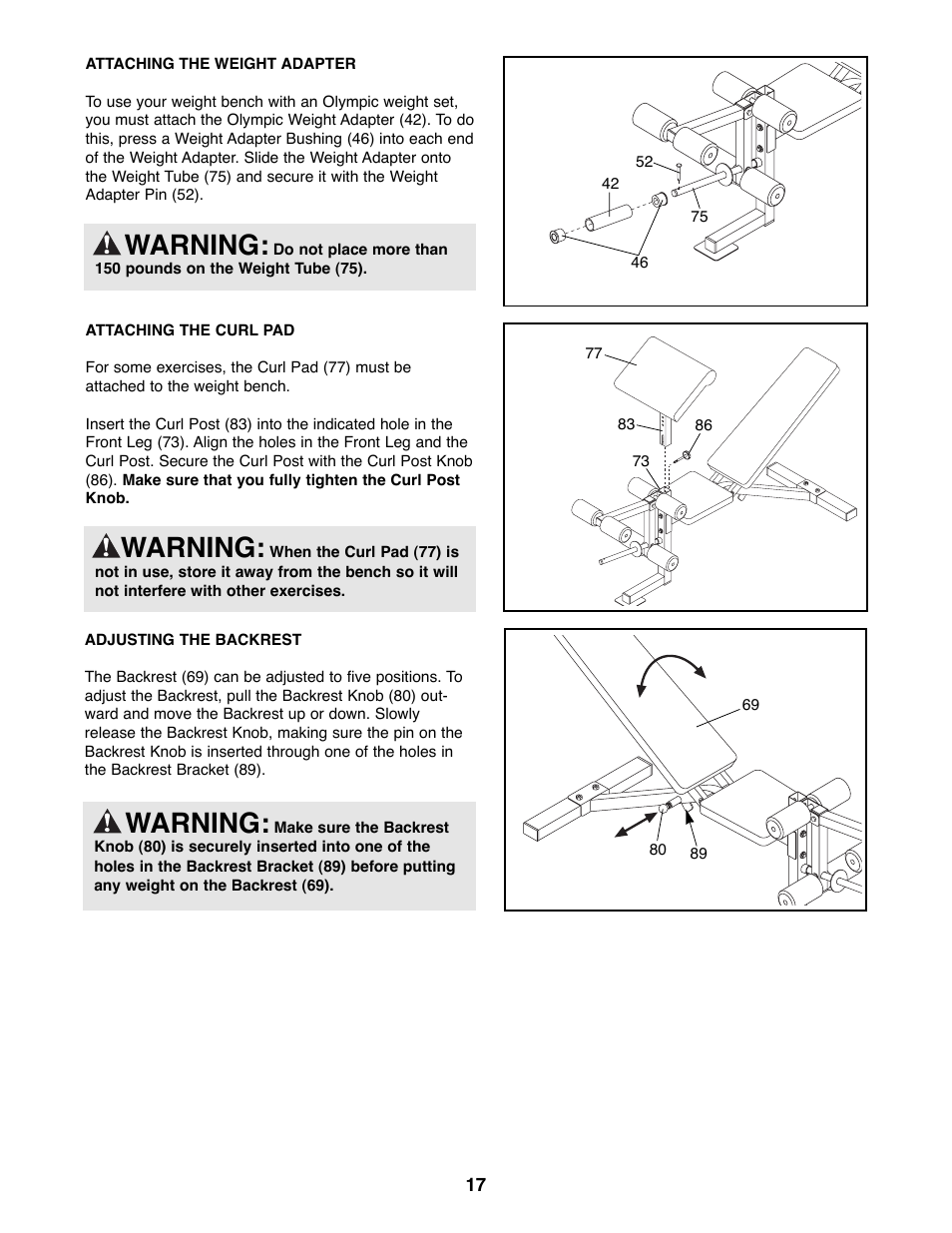 Warning | Weider WEBE29300 User Manual | Page 17 / 23