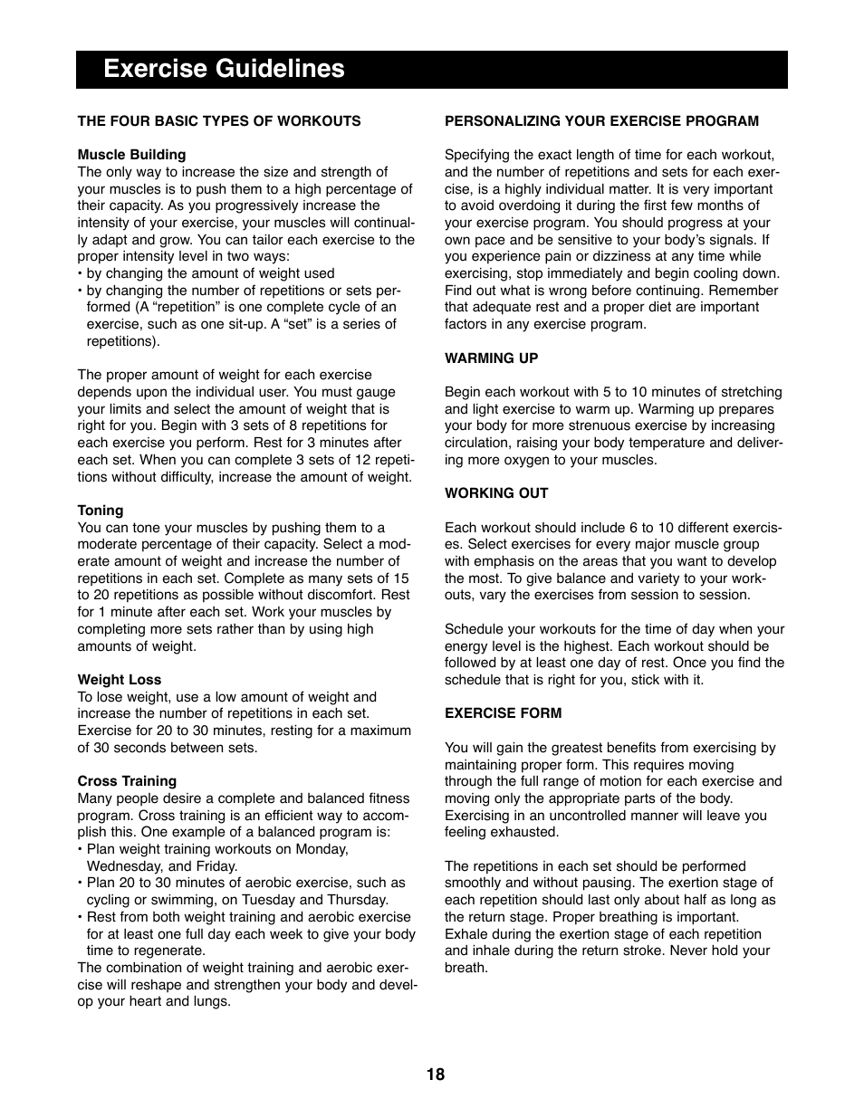 Exercise guidelines | Weider WEBE29300 User Manual | Page 18 / 23