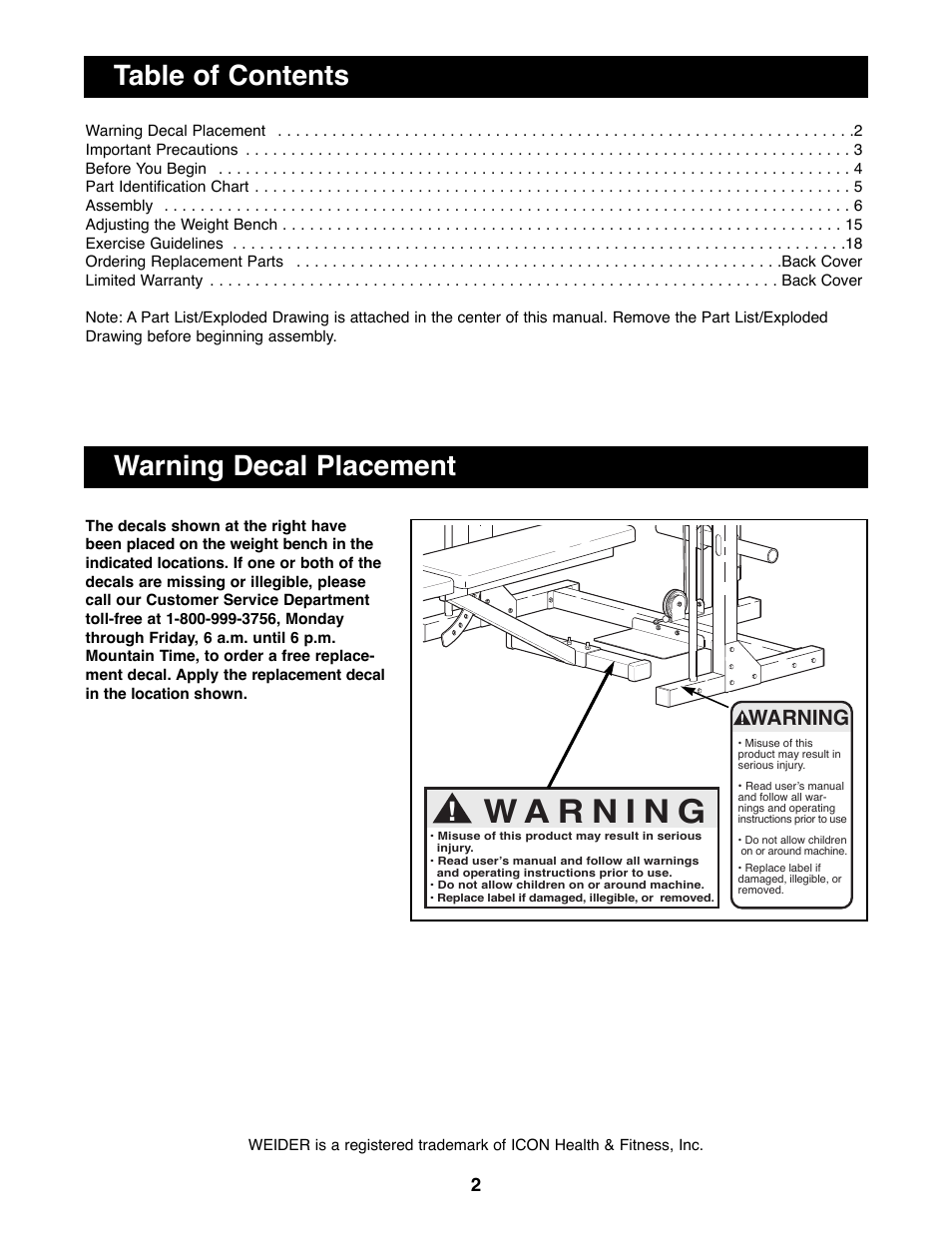 Table of contents warning decal placement | Weider WEBE29300 User Manual | Page 2 / 23