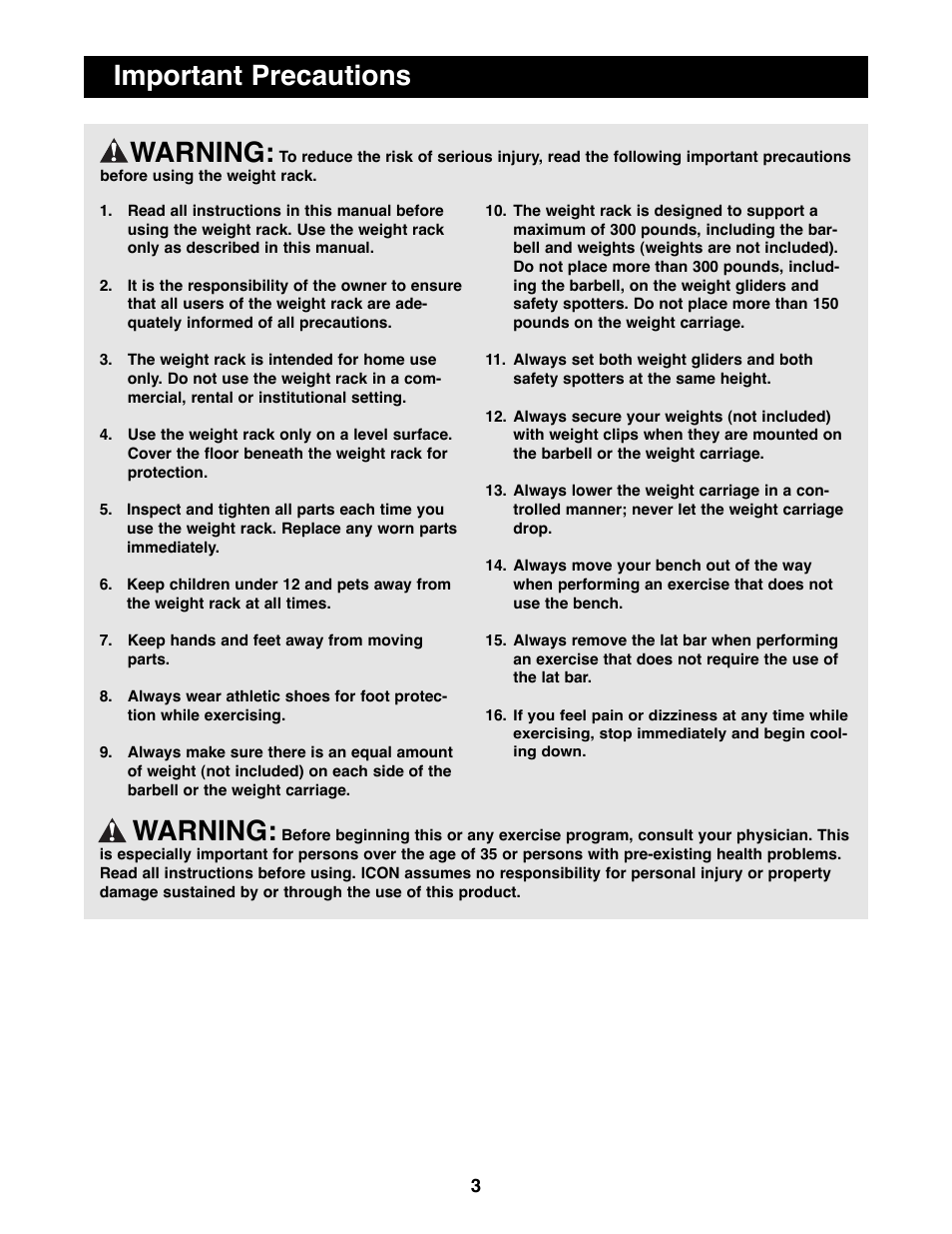 Important precautions warning, Warning | Weider WEBE29300 User Manual | Page 3 / 23