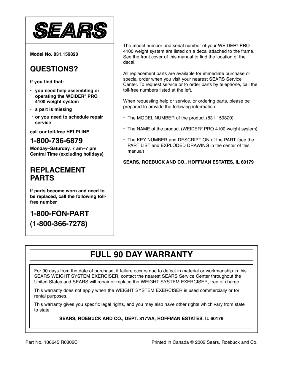 Full 90 day warranty, Questions, Replacement parts | Weider 831.159820 User Manual | Page 28 / 35