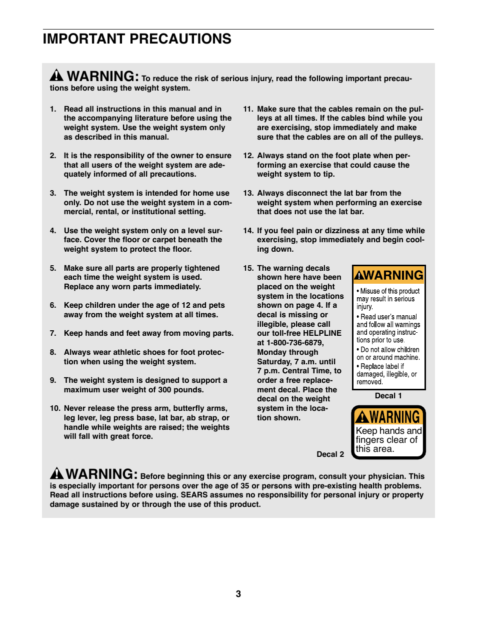Warning, Important precautions | Weider 831.159820 User Manual | Page 3 / 35