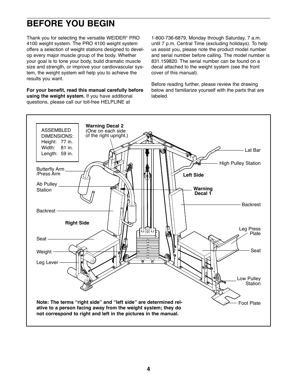 Before you begin | Weider 831.159820 User Manual | Page 4 / 35