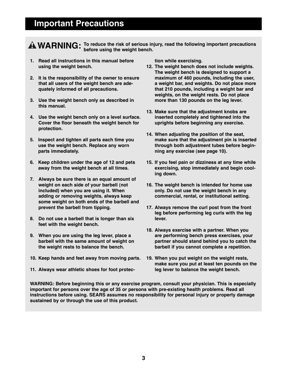 Important precautions, Warning | Weider PRO800 User Manual | Page 3 / 16