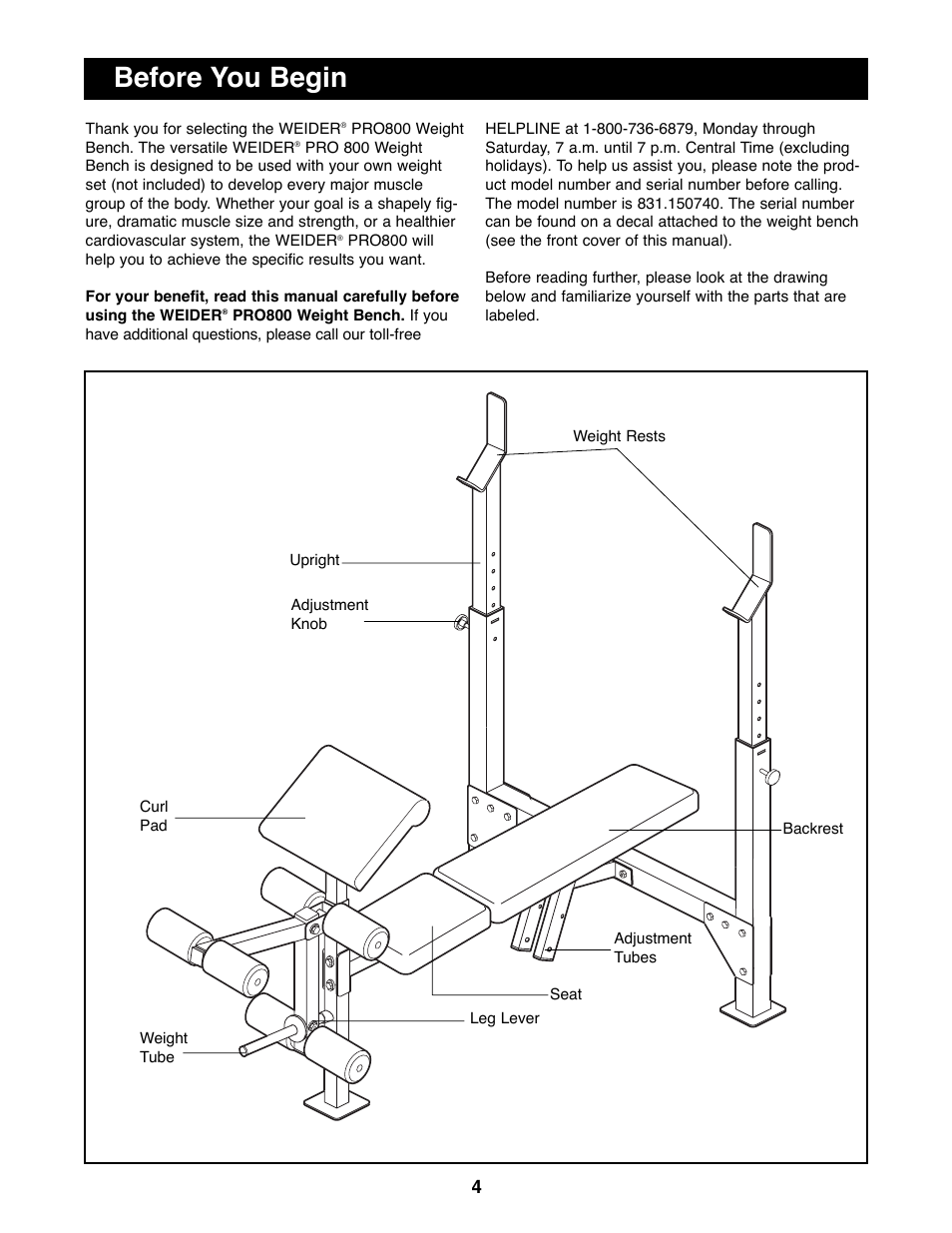 Before you begin | Weider PRO800 User Manual | Page 4 / 16