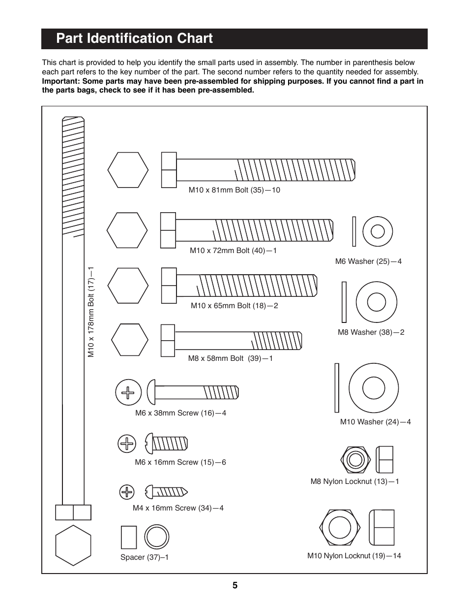 Part identification chart | Weider PRO800 User Manual | Page 5 / 16