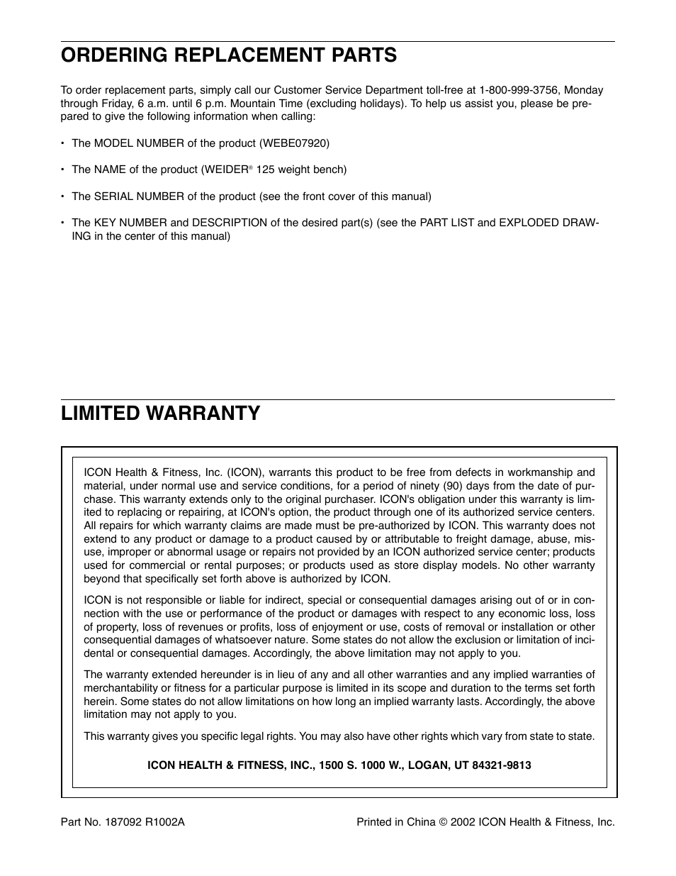Limited warranty ordering replacement parts | Weider WEBE07920 User Manual | Page 12 / 16