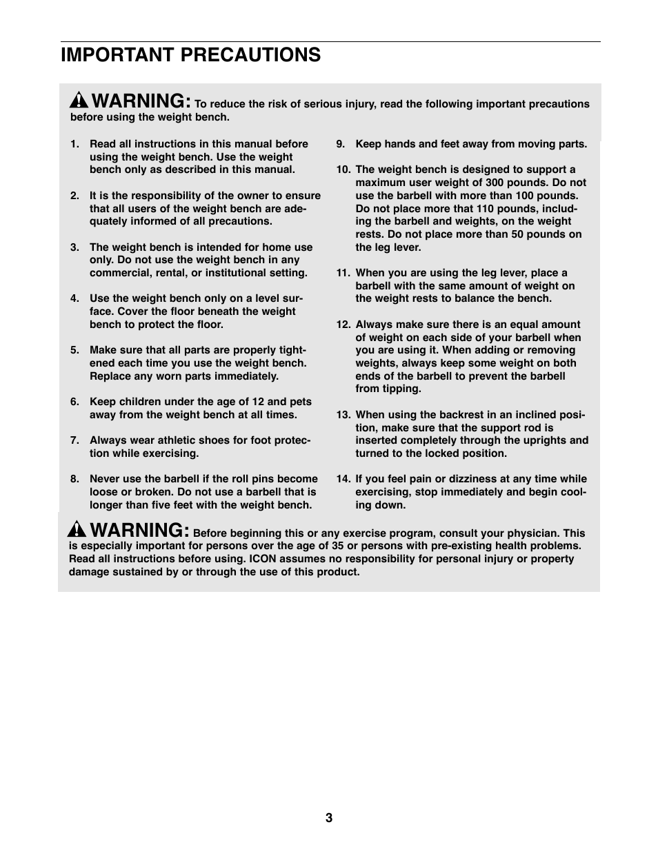 Warning, Important precautions warning | Weider WEBE07920 User Manual | Page 3 / 16