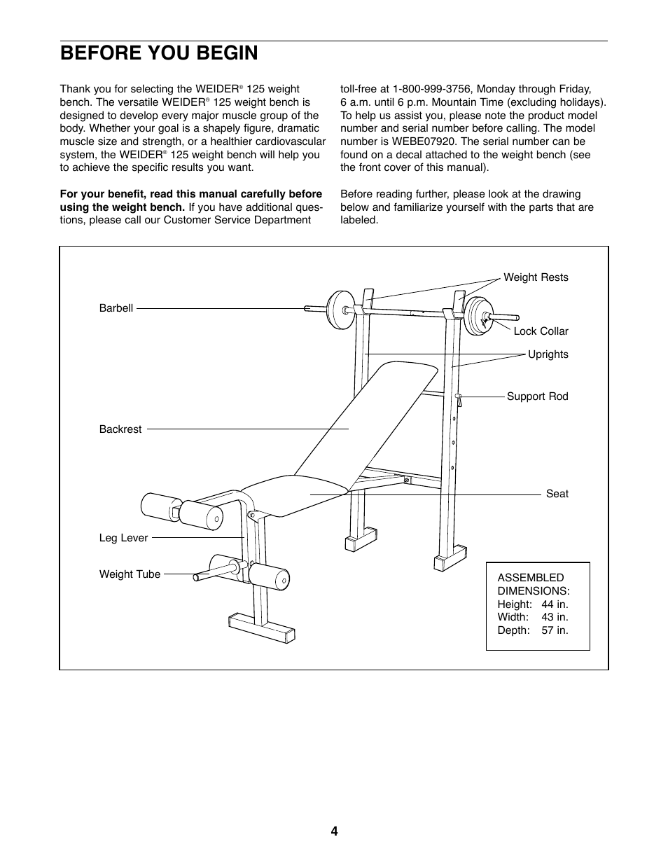 Before you begin | Weider WEBE07920 User Manual | Page 4 / 16