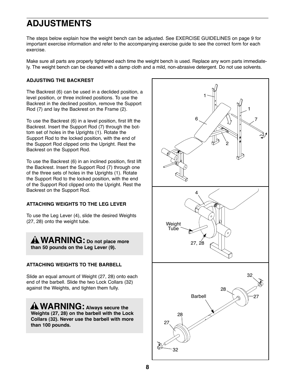 Adjustments, Warning | Weider WEBE07920 User Manual | Page 8 / 16