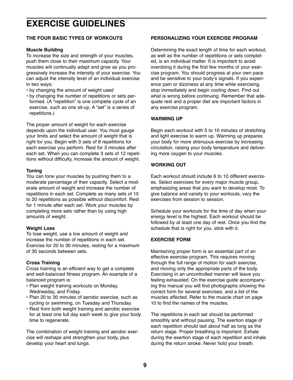 Exercise guidelines | Weider WEBE07920 User Manual | Page 9 / 16