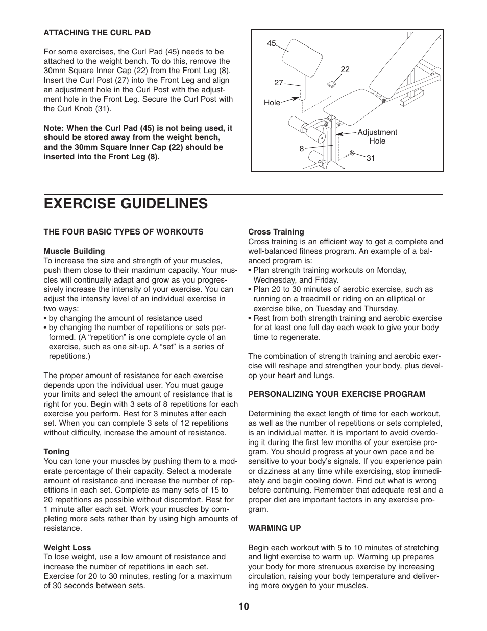 Exercise guidelines | Weider 831.150341 User Manual | Page 10 / 15