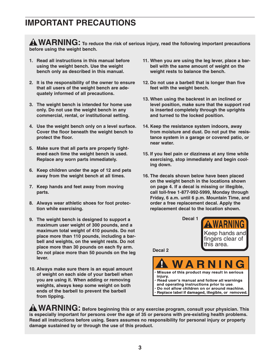 Warning, Important precautions warning, Keep hands and fingers clear of this area | Weider 831.150341 User Manual | Page 3 / 15