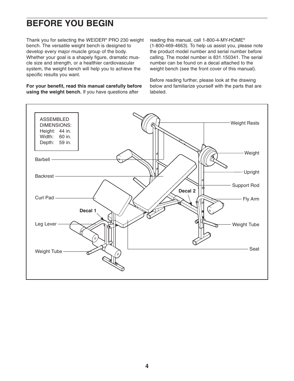 Before you begin | Weider 831.150341 User Manual | Page 4 / 15