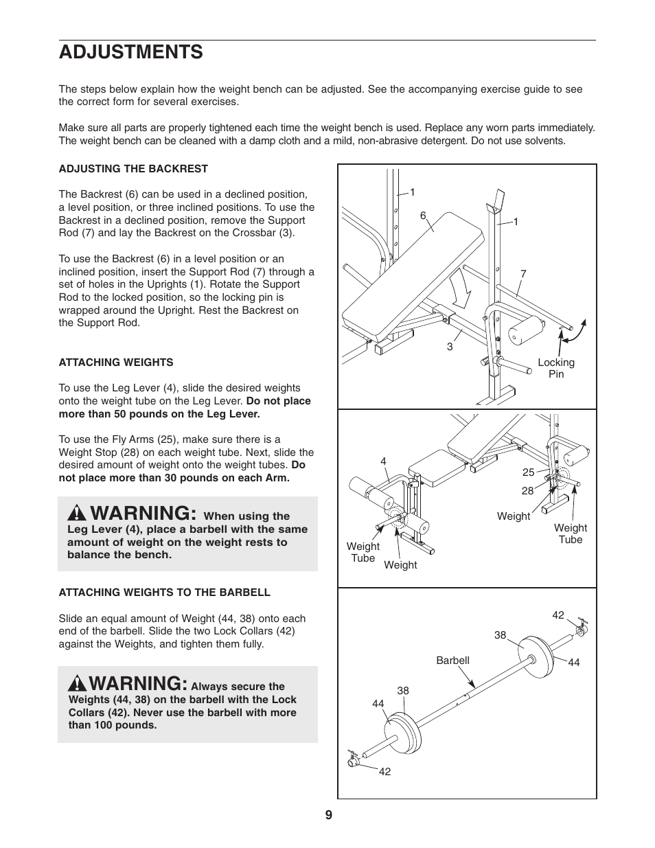 Warning, Adjustments | Weider 831.150341 User Manual | Page 9 / 15