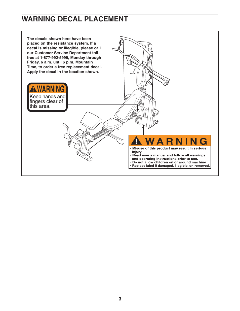 Warning decal placement | Weider WESY78734 User Manual | Page 3 / 27